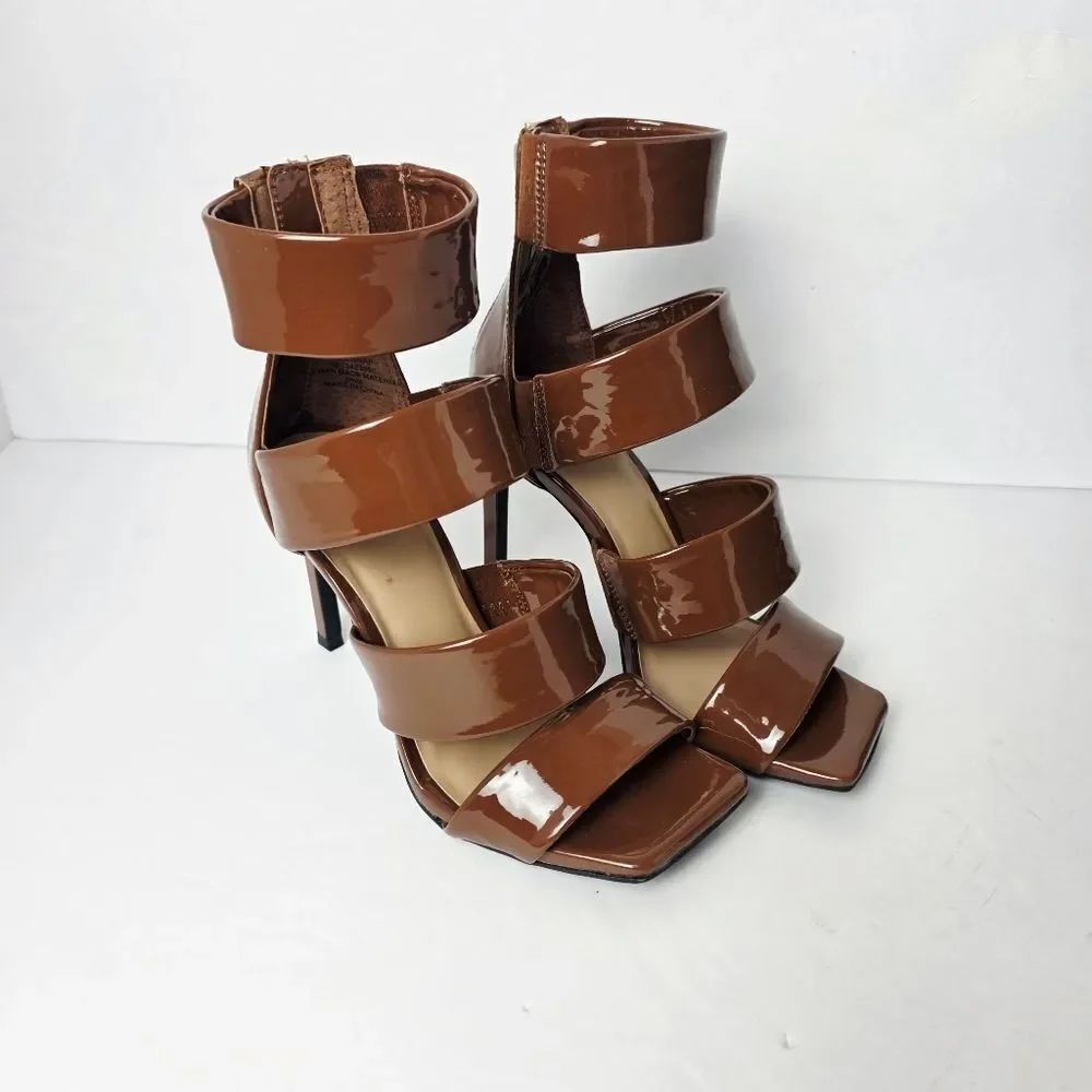INC International Concepts Liana Strappy Square Toe Heels Cognac Size 5.5 New